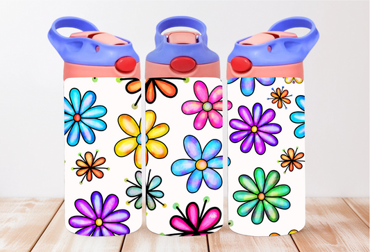 Personalized Floral Kids Water Bottle Flip Top with handle, 12 oz Insulated Tumbler