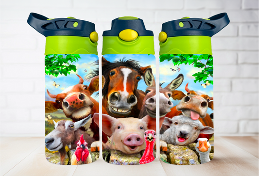 Personalized Farm Animal Kids Water Bottle Flip Top with handle, 12 oz Insulated Tumbler Customizable Cartoon Design