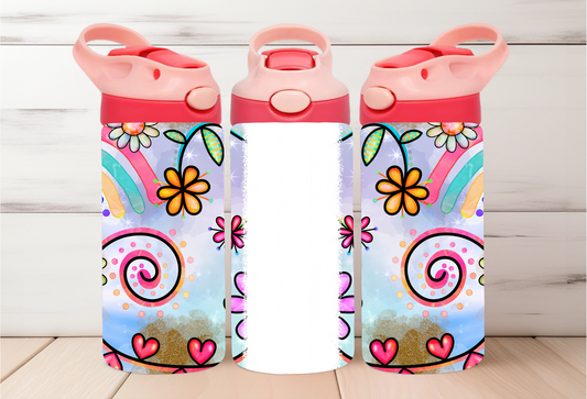 Personalized Retro Flower Kids Water Bottle Flip Top with handle, 12 oz Insulated Tumbler Customizable Cartoon Design