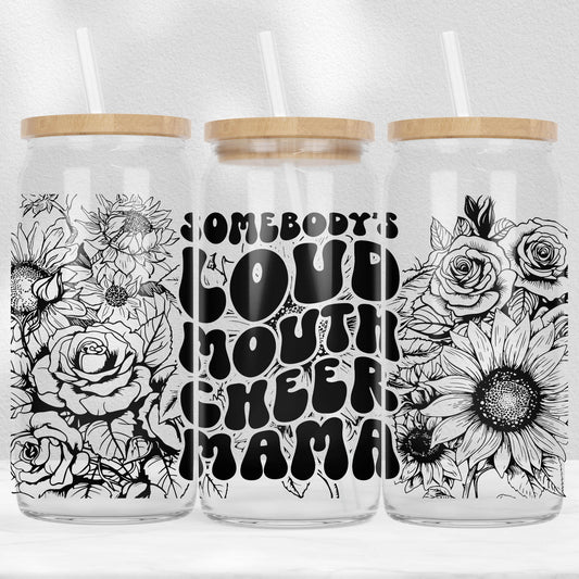 Somebody's Loud Mouth Cheer Mama Glass Cups with Bamboo Lid and Straw | Coffee Cups | Glass Cups | Glass Cup and Straw | Glass Straw | Cute Trendy Cup